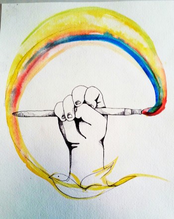 Drawing of a fist gripping a paintbrush that leaves a multicolored paint stroke in a circle around the fist and ending in a drawing of a dove